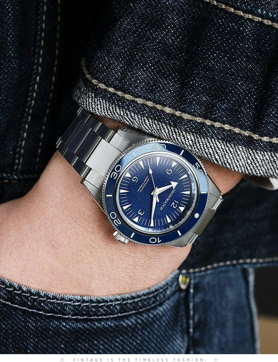 NC IRONWATCH Men's Watch Automatic Waterproof 200m Clockwork Luminous Sapphire Blue Sandwich Dial Business Vintage Style Dive Watch