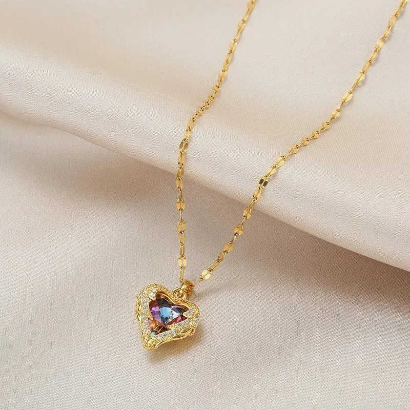 Necklace for Women Colorful Crystal Ocean Heart Pendant