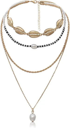 Necklace Layer Pack, 4 Layered Necklace for Women Gold Lobster Claw White Oval Irregular Pearl Shell Design Vacation Teenage Girls Gifts Ideas