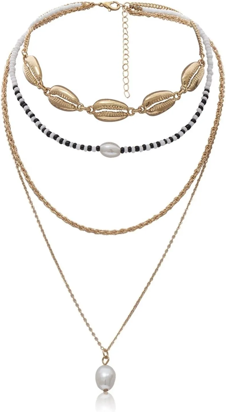 Necklace Layer Pack, 4 Layered Necklace for Women Gold Lobster Claw White Oval Irregular Pearl Shell Design Vacation Teenage Girls Gifts Ideas