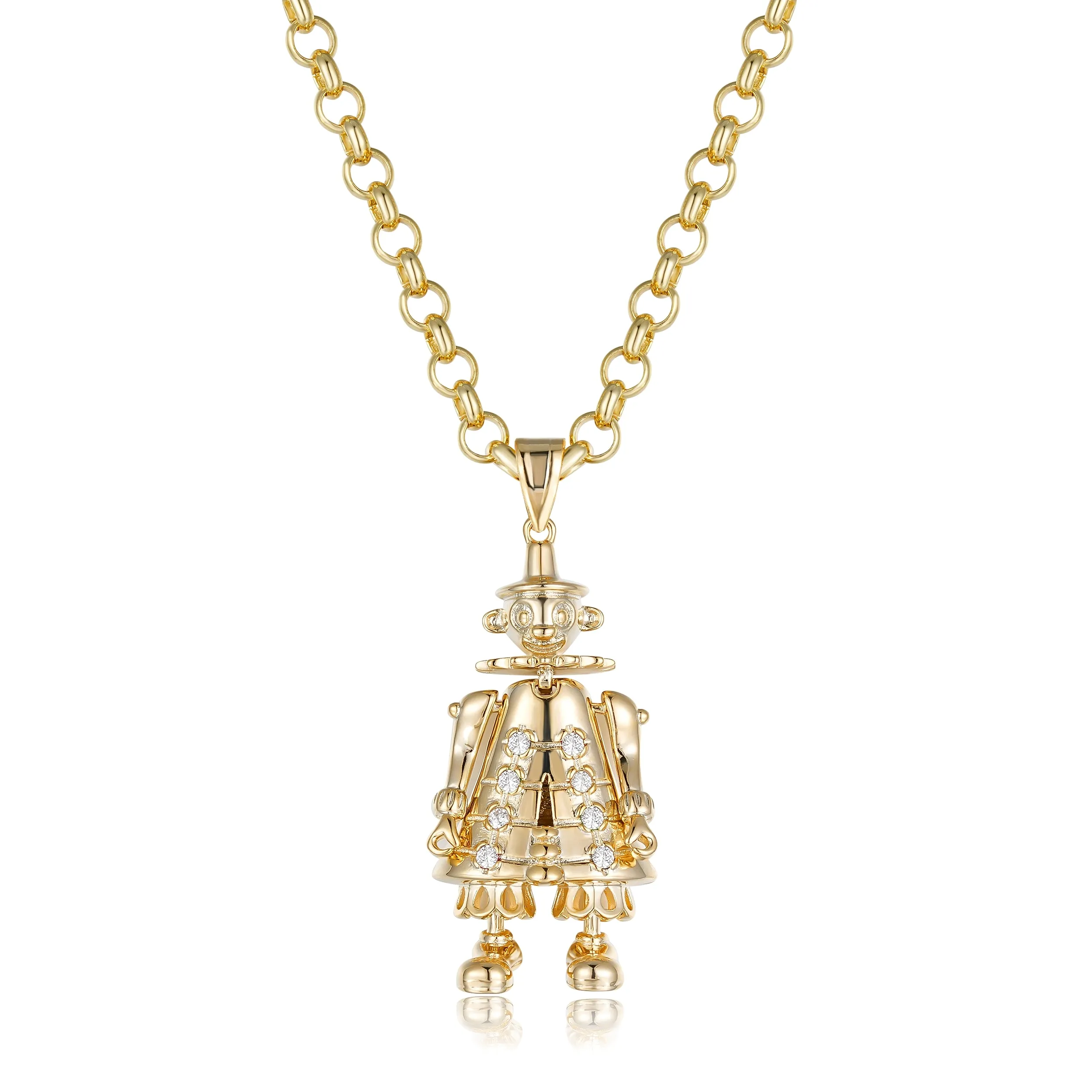 New Gold Clown Pendant Clear Stones 22 Inch 4mm Belcher Chain
