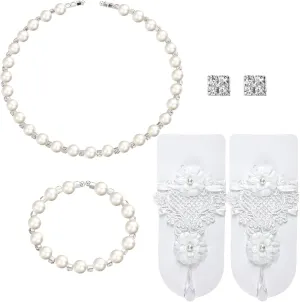Newcotte 4 Pcs Pearl Necklace Sets for Little Girls Toddler Girls Jewelry Communion Glove for Christmas Tea Party Wedding