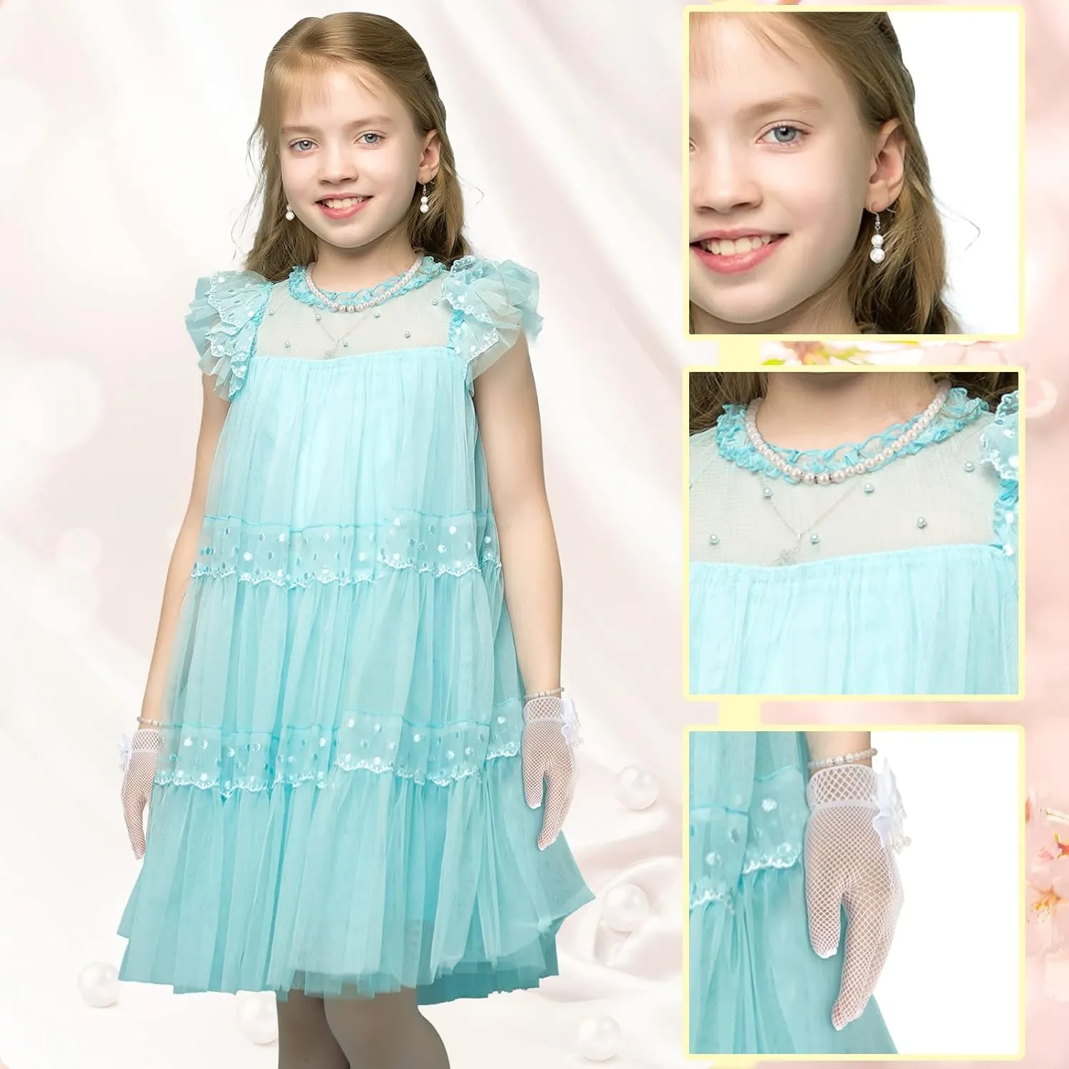Newcotte 4 Pcs Pearl Necklace Sets for Little Girls Toddler Girls Jewelry Communion Glove for Christmas Tea Party Wedding