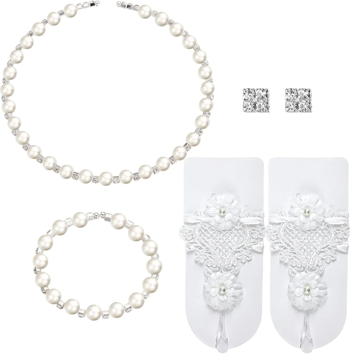 Newcotte 4 Pcs Pearl Necklace Sets for Little Girls Toddler Girls Jewelry Communion Glove for Christmas Tea Party Wedding