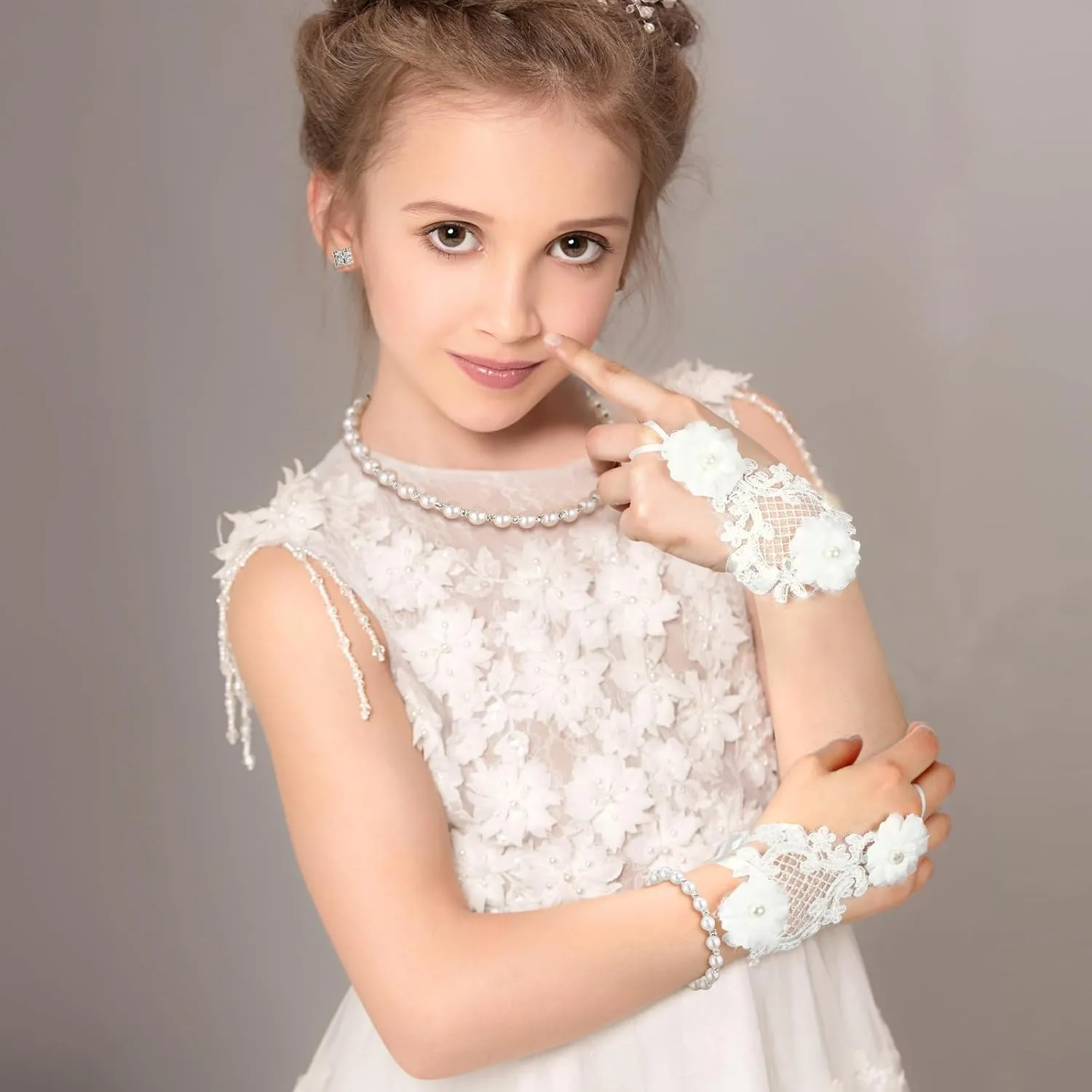 Newcotte 4 Pcs Pearl Necklace Sets for Little Girls Toddler Girls Jewelry Communion Glove for Christmas Tea Party Wedding