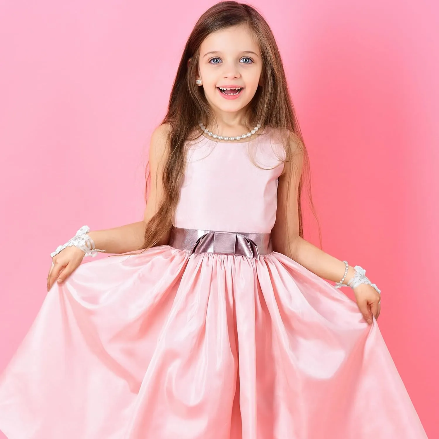 Newcotte 4 Pcs Pearl Necklace Sets for Little Girls Toddler Girls Jewelry Communion Glove for Christmas Tea Party Wedding