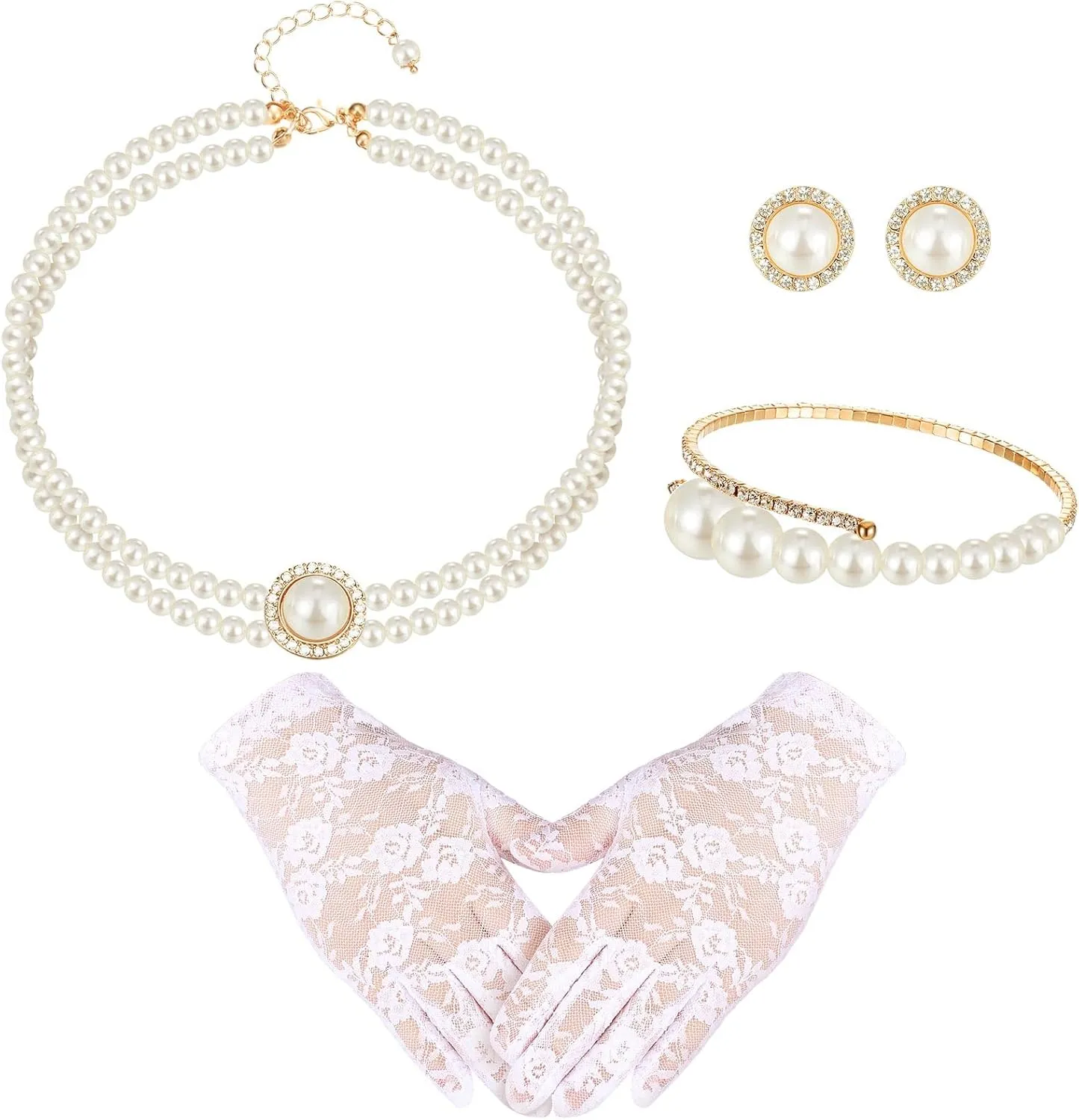 Newcotte 4 Pcs Pearl Necklace Sets for Little Girls Toddler Girls Jewelry Communion Glove for Christmas Tea Party Wedding