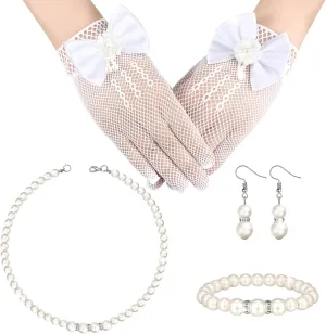 Newcotte 4 Pcs Pearl Necklace Sets for Little Girls Toddler Girls Jewelry Communion Glove for Christmas Tea Party Wedding