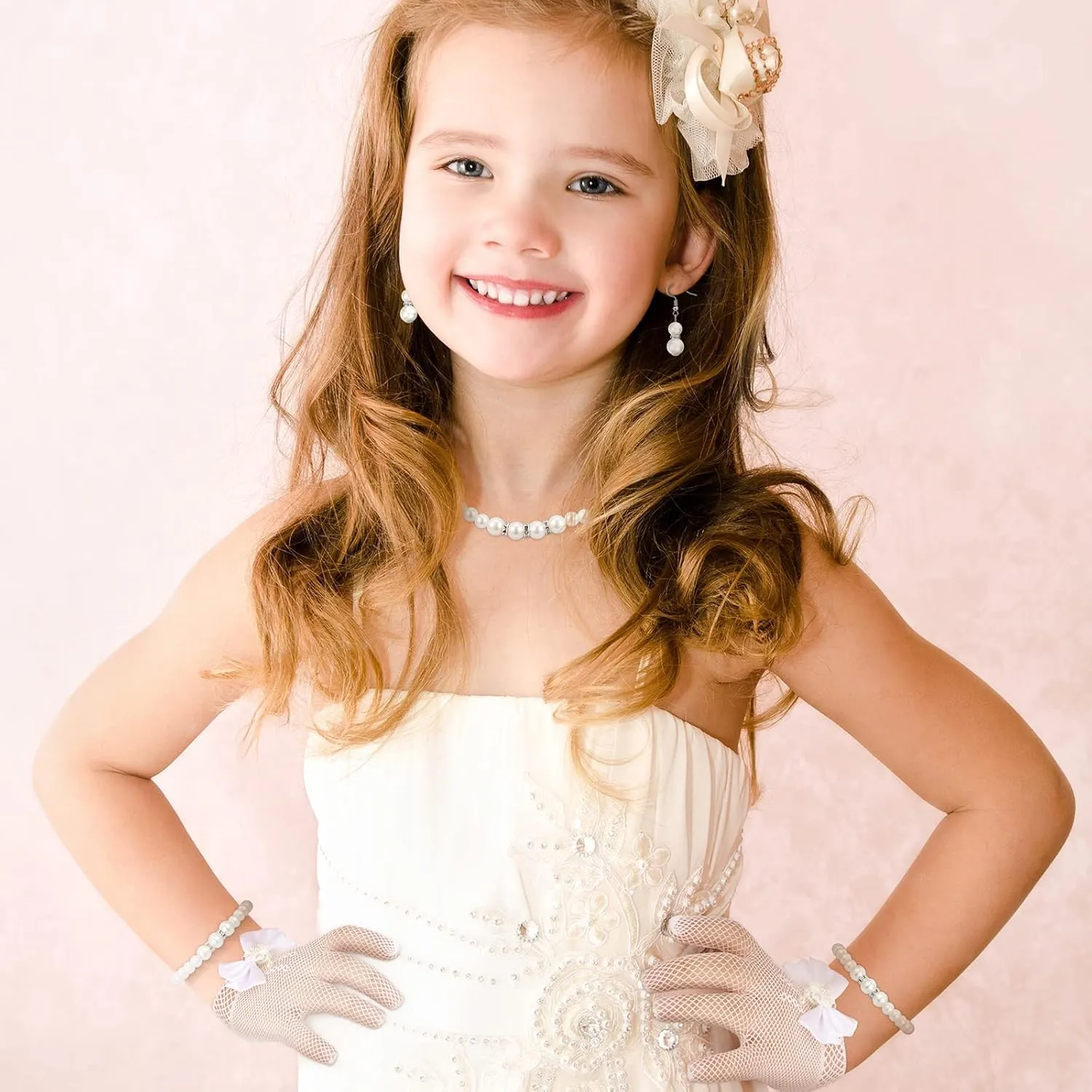 Newcotte 4 Pcs Pearl Necklace Sets for Little Girls Toddler Girls Jewelry Communion Glove for Christmas Tea Party Wedding