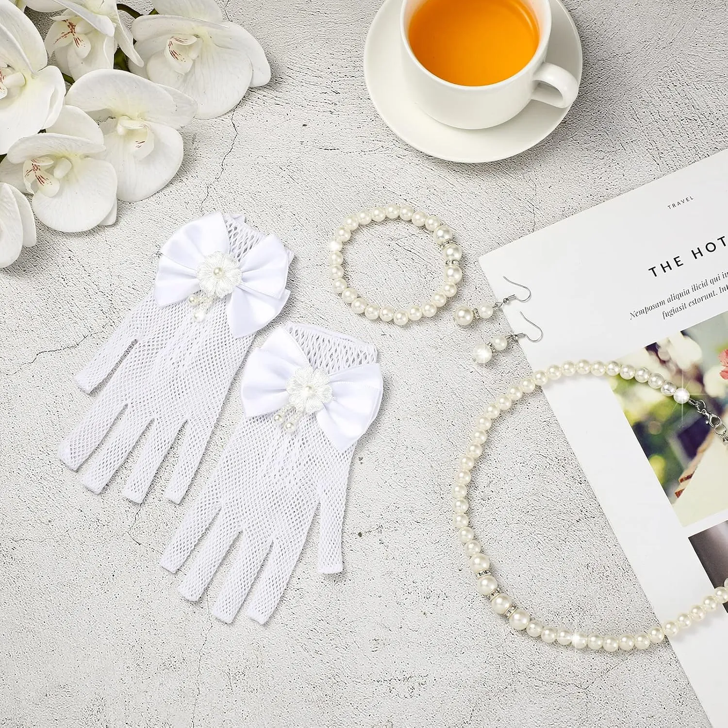Newcotte 4 Pcs Pearl Necklace Sets for Little Girls Toddler Girls Jewelry Communion Glove for Christmas Tea Party Wedding