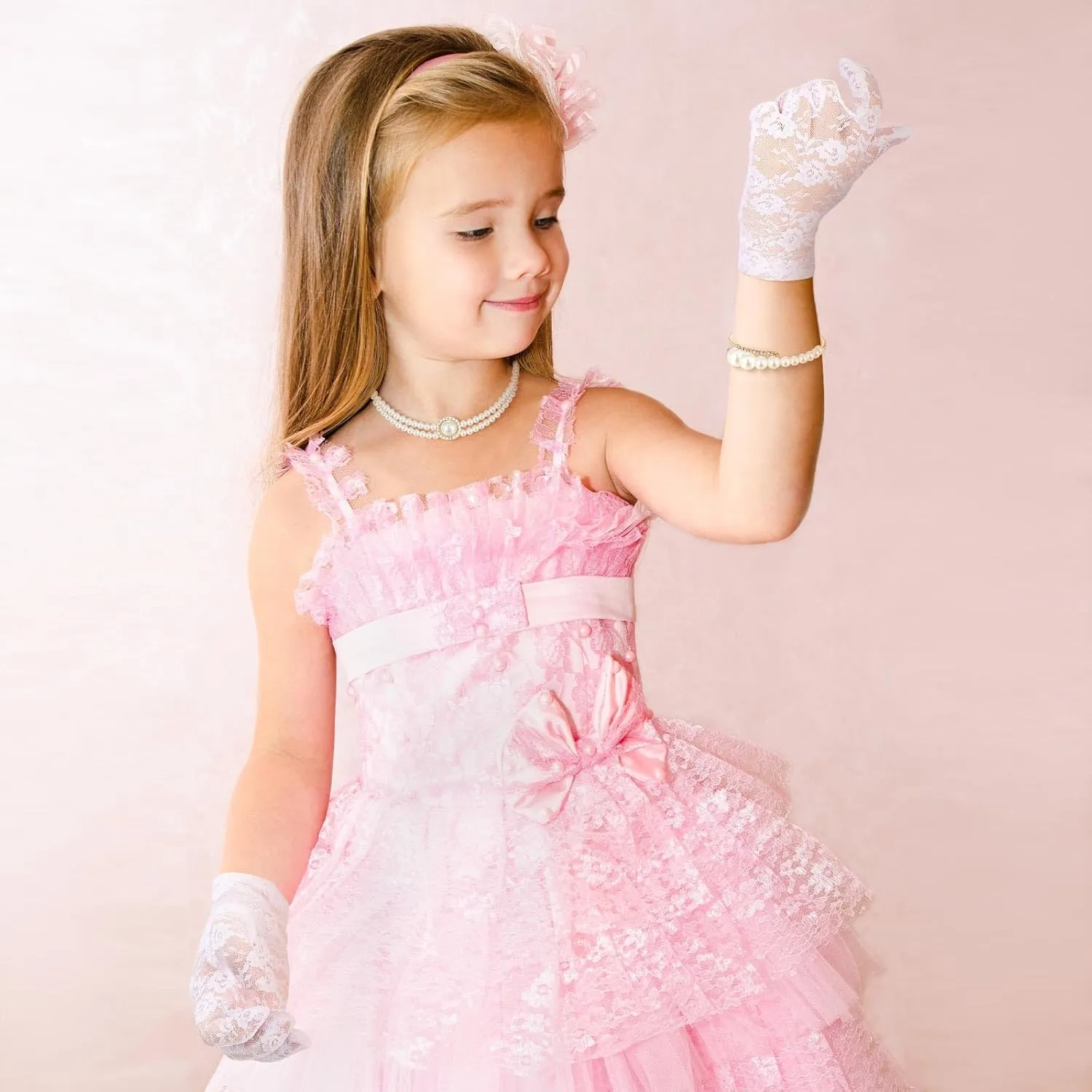 Newcotte 4 Pcs Pearl Necklace Sets for Little Girls Toddler Girls Jewelry Communion Glove for Christmas Tea Party Wedding