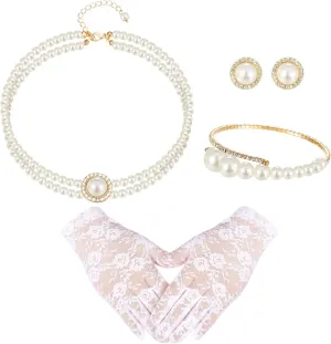 Newcotte 4 Pcs Pearl Necklace Sets for Little Girls Toddler Girls Jewelry Communion Glove for Christmas Tea Party Wedding