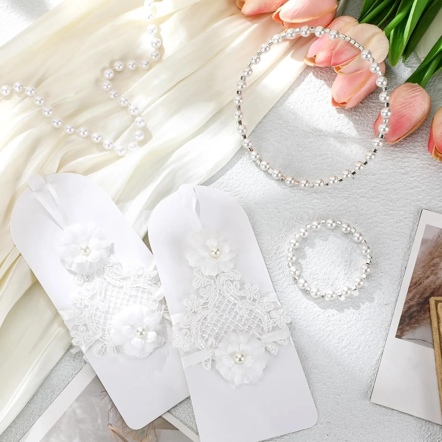 Newcotte 4 Pcs Pearl Necklace Sets for Little Girls Toddler Girls Jewelry Communion Glove for Christmas Tea Party Wedding