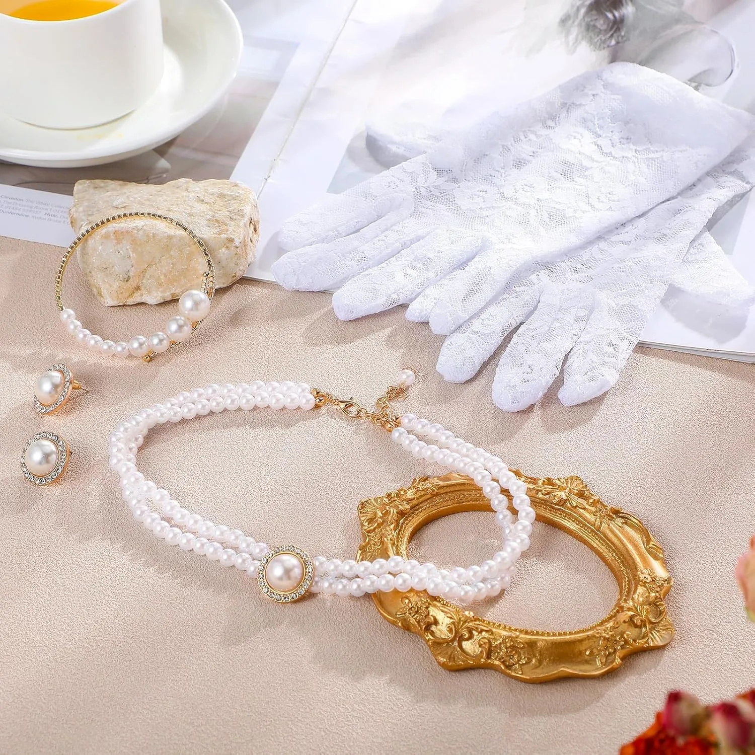 Newcotte 4 Pcs Pearl Necklace Sets for Little Girls Toddler Girls Jewelry Communion Glove for Christmas Tea Party Wedding