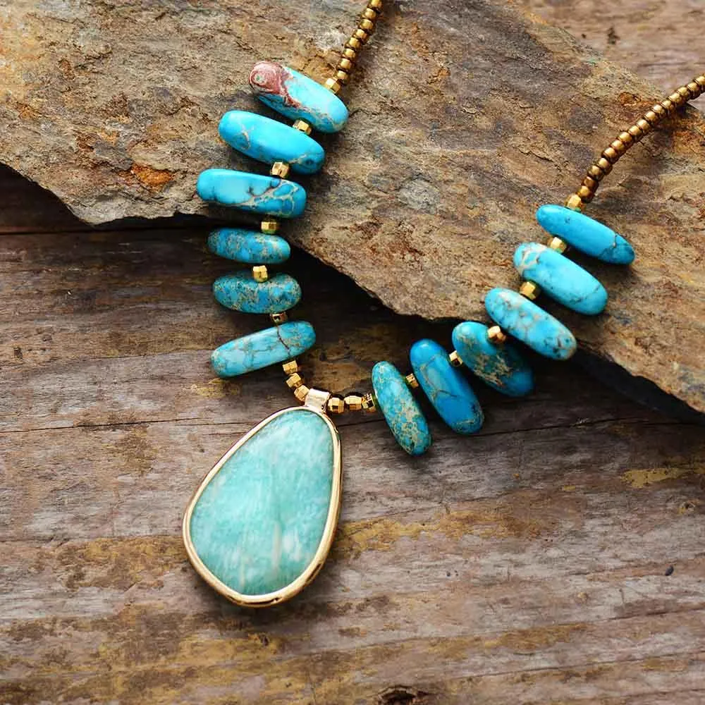 'Nginhu' Blue Jasper & Amazonite Pendant Necklace