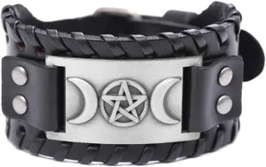NIGHTCRUZ Triple Moon Goddess Leather Bracelet - Witch Leather Cuff Bracelet - Wicca Pentagram Wristband