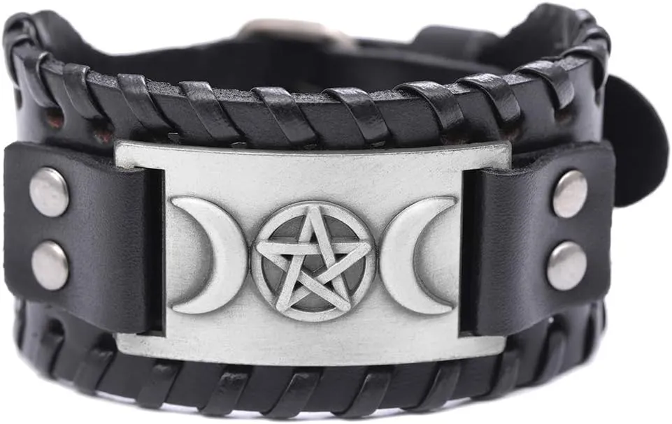 NIGHTCRUZ Triple Moon Goddess Leather Bracelet - Witch Leather Cuff Bracelet - Wicca Pentagram Wristband