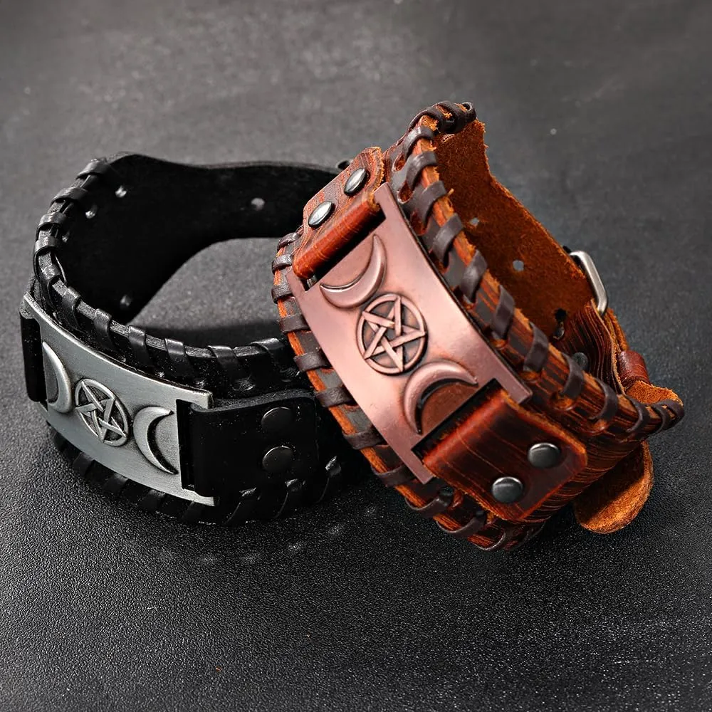 NIGHTCRUZ Triple Moon Goddess Leather Bracelet - Witch Leather Cuff Bracelet - Wicca Pentagram Wristband