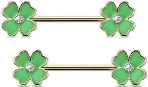 Nipple Ring Double Four Leaf Clover bar Body Jewelry Sold as Pair 14g bar