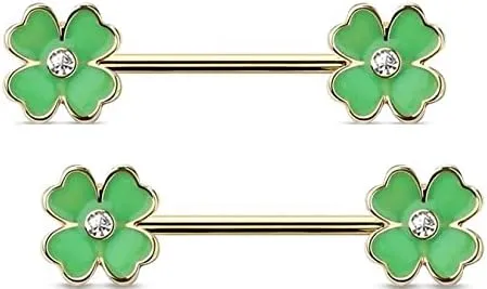 Nipple Ring Double Four Leaf Clover bar Body Jewelry Sold as Pair 14g bar