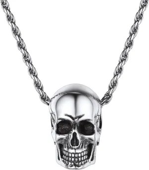 Nofade Silver Men Skull Pendant Necklace 925 Sterling Silver Oxidized Skeleton Pendant with 18 Inches Chain Vintage Goth Gothic Punk Jewelry Gift for Men Women