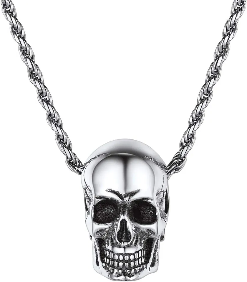 Nofade Silver Men Skull Pendant Necklace 925 Sterling Silver Oxidized Skeleton Pendant with 18 Inches Chain Vintage Goth Gothic Punk Jewelry Gift for Men Women
