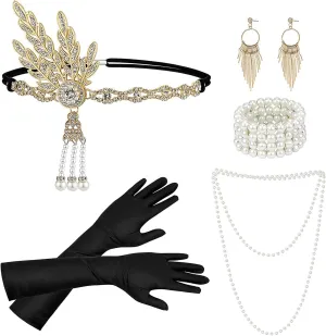 NUMJAW 1920s Accessories Set for Flapper Costume Accessories Great 1920s Cosplay Headpiece for Women 20s Headpiece Pearl Necklace 1920s Accessories for Women Roaring 20's Accessories Women,(5 Packs)