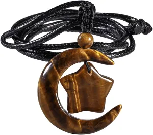 Nupuyai Crescent Moon Star Necklace for Men Women, Healing Stone Pendant Necklace for Unisex with Adjustable Rope