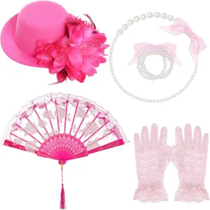 obmwang 5 Pieces Girls Tea Party Supplies Tea Party Gloves Hats Girls Kids Tea Party Necklace Fan for Girls Tea Party Costume