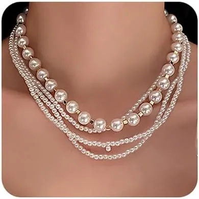 Octwine Boho 4 Tier Layered Initial Pearls Choker Necklaces Handmade Pearls Pendant Adjustable Chain Minimalist Layering Gold Necklaces for Women Girls