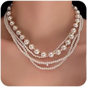 Octwine Boho 4 Tier Layered Initial Pearls Choker Necklaces Handmade Pearls Pendant Adjustable Chain Minimalist Layering Gold Necklaces for Women Girls