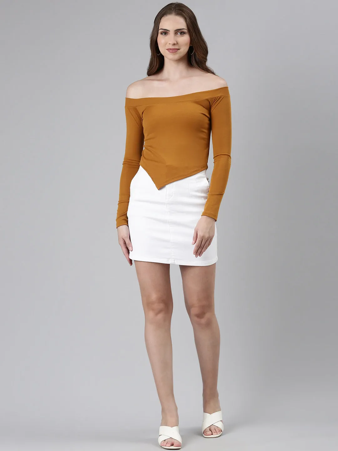 Off-Shoulder Regular Sleeves Solid Mustard Crop Top