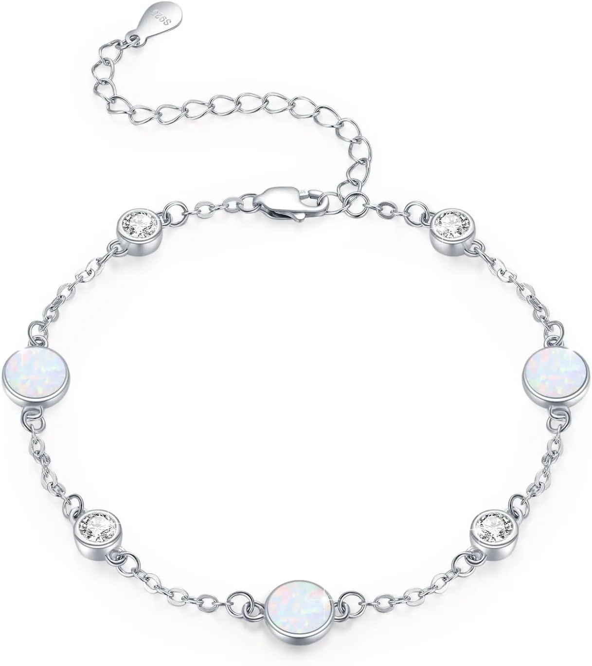 Opal Bracelet 925 Sterling Silver Opal Beaded Adjustable Bracelet Cubic Zirconia October Birthstone Opal Anklet Jewelry for Women Mom