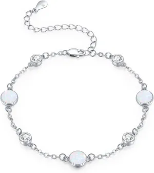 Opal Bracelet 925 Sterling Silver Opal Beaded Adjustable Bracelet Cubic Zirconia October Birthstone Opal Anklet Jewelry for Women Mom