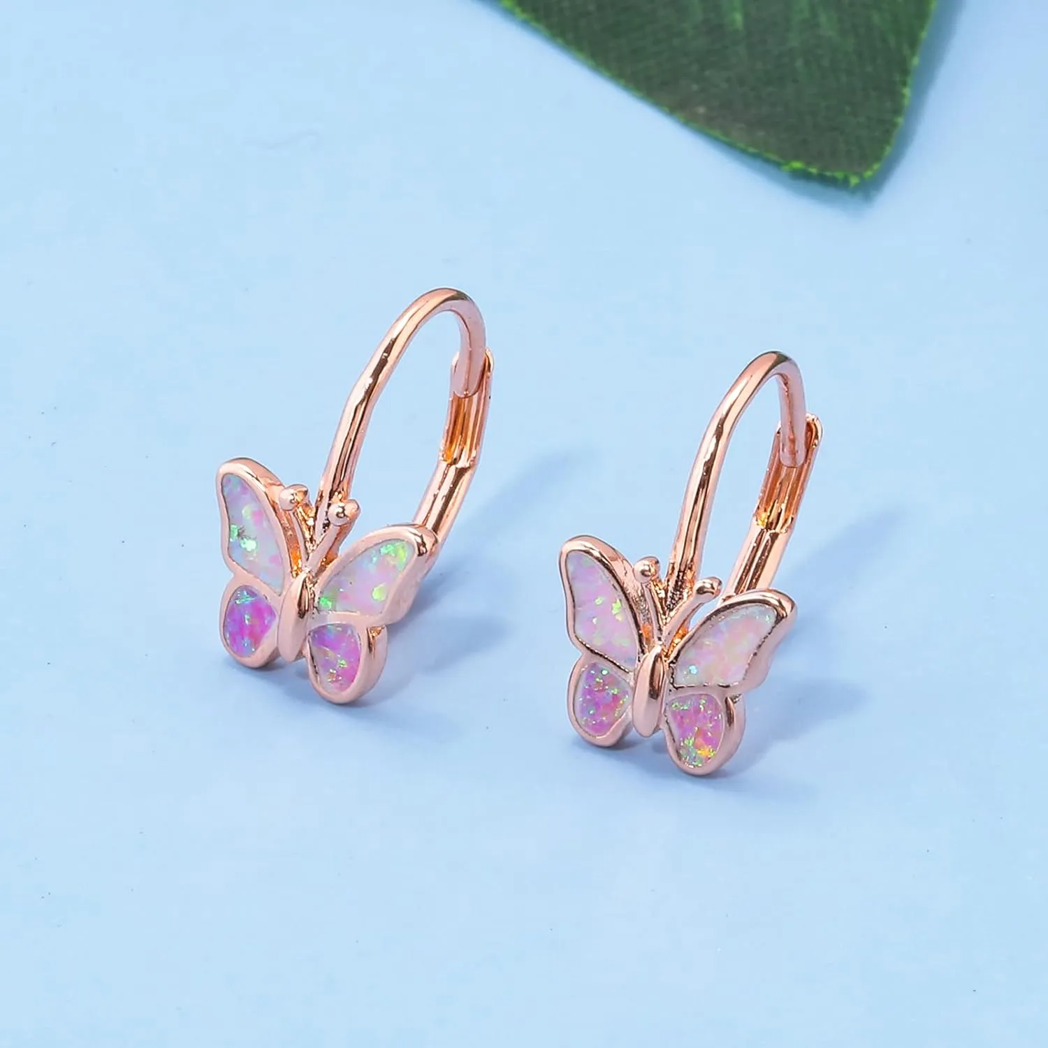 Opal Butterfly Earrings Gold Plated or Rose Gold Plated Leverback Earrings Cute Jewelry Huggie Hoop Earrings for Women Girls