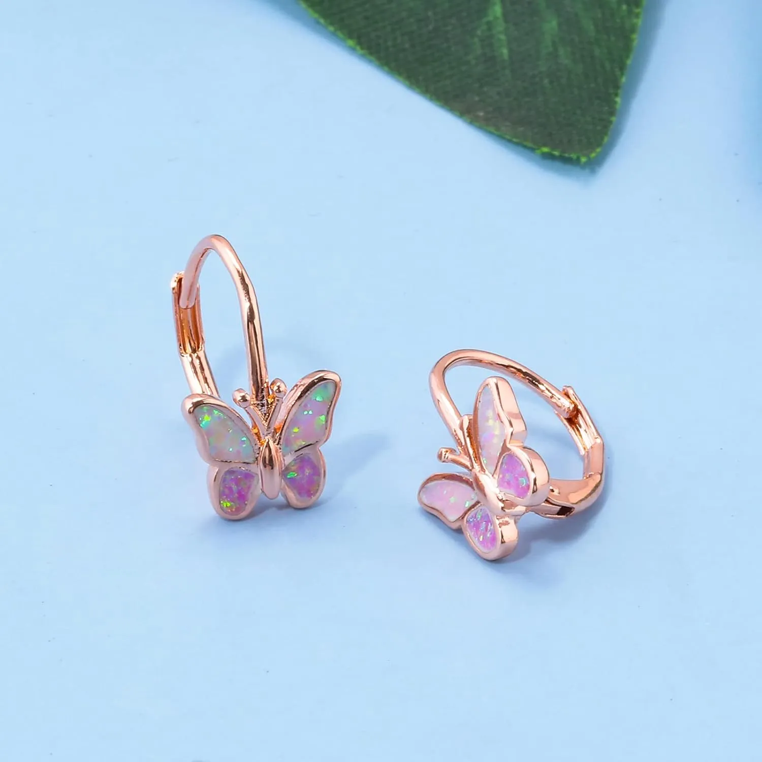 Opal Butterfly Earrings Gold Plated or Rose Gold Plated Leverback Earrings Cute Jewelry Huggie Hoop Earrings for Women Girls