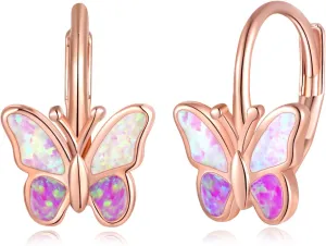 Opal Butterfly Earrings Gold Plated or Rose Gold Plated Leverback Earrings Cute Jewelry Huggie Hoop Earrings for Women Girls
