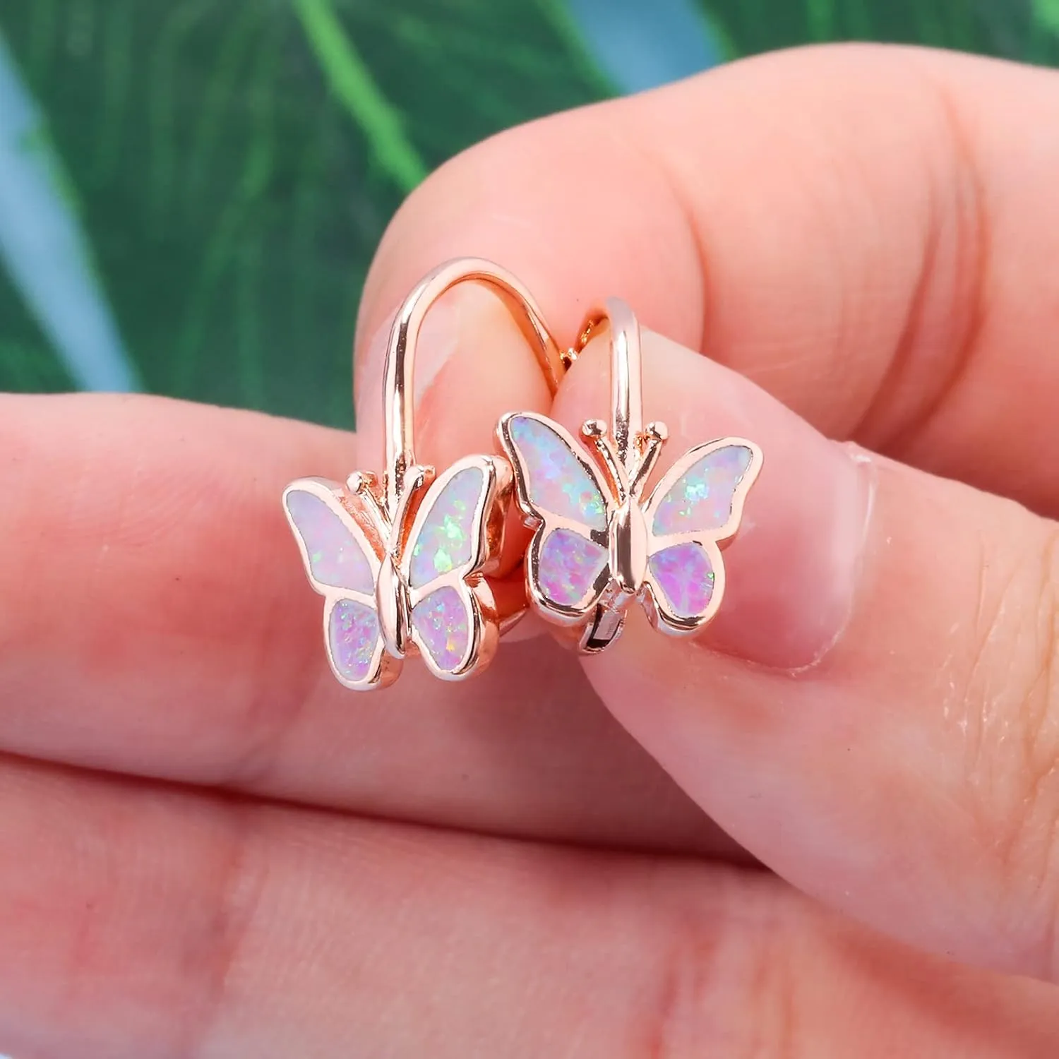 Opal Butterfly Earrings Gold Plated or Rose Gold Plated Leverback Earrings Cute Jewelry Huggie Hoop Earrings for Women Girls