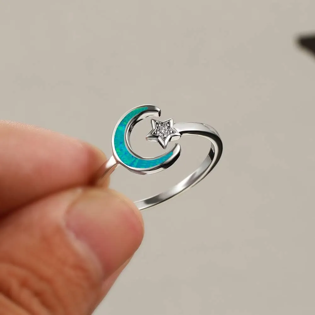 Opal Moon Star Ring for Women Sterling Silver Adjustable Crescent Moon Ring 5A  Cubic Zirconia Statement Hypoallergenic Finger Ring Gift with Box
