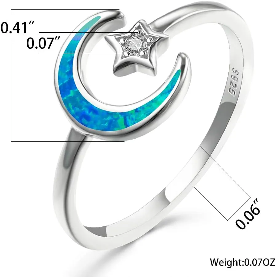 Opal Moon Star Ring for Women Sterling Silver Adjustable Crescent Moon Ring 5A  Cubic Zirconia Statement Hypoallergenic Finger Ring Gift with Box