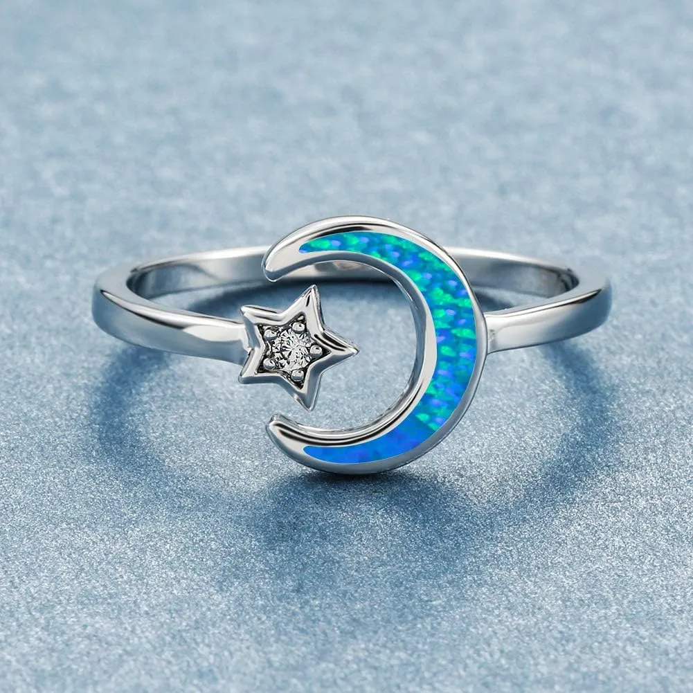Opal Moon Star Ring for Women Sterling Silver Adjustable Crescent Moon Ring 5A  Cubic Zirconia Statement Hypoallergenic Finger Ring Gift with Box