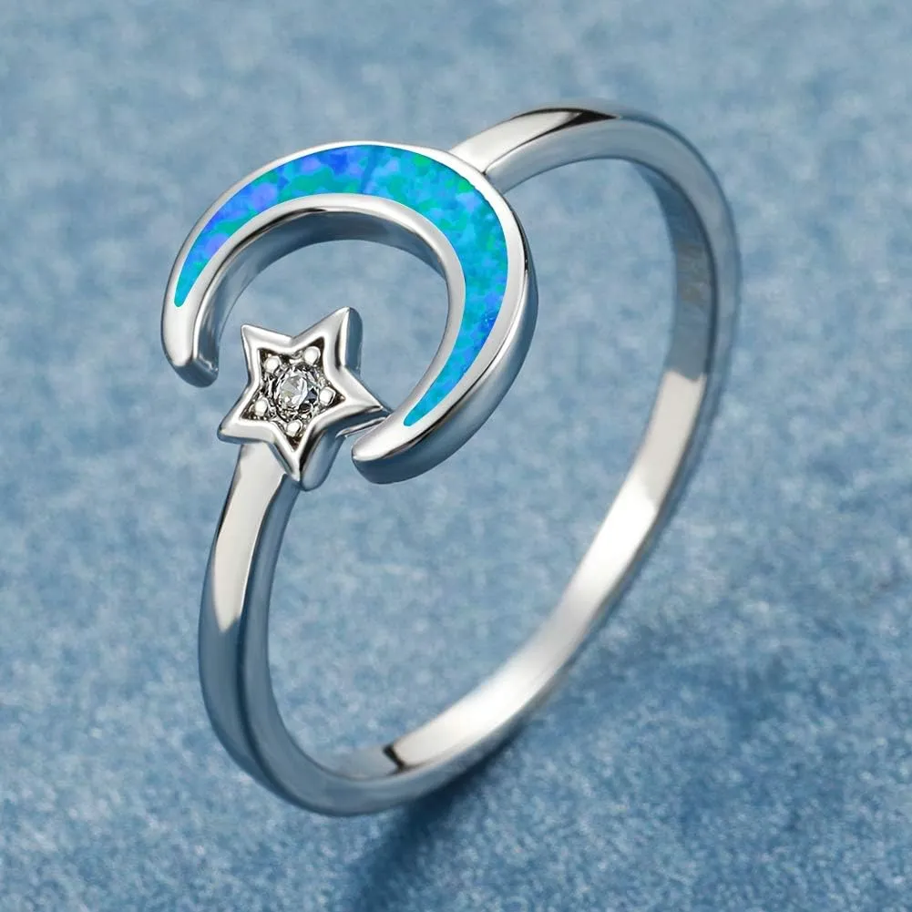 Opal Moon Star Ring for Women Sterling Silver Adjustable Crescent Moon Ring 5A  Cubic Zirconia Statement Hypoallergenic Finger Ring Gift with Box