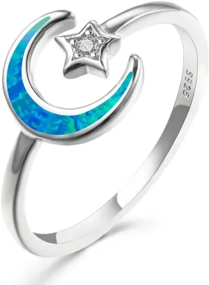Opal Moon Star Ring for Women Sterling Silver Adjustable Crescent Moon Ring 5A  Cubic Zirconia Statement Hypoallergenic Finger Ring Gift with Box