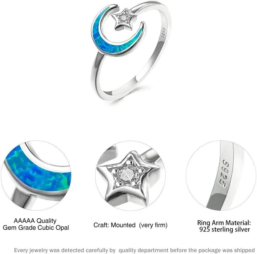 Opal Moon Star Ring for Women Sterling Silver Adjustable Crescent Moon Ring 5A  Cubic Zirconia Statement Hypoallergenic Finger Ring Gift with Box