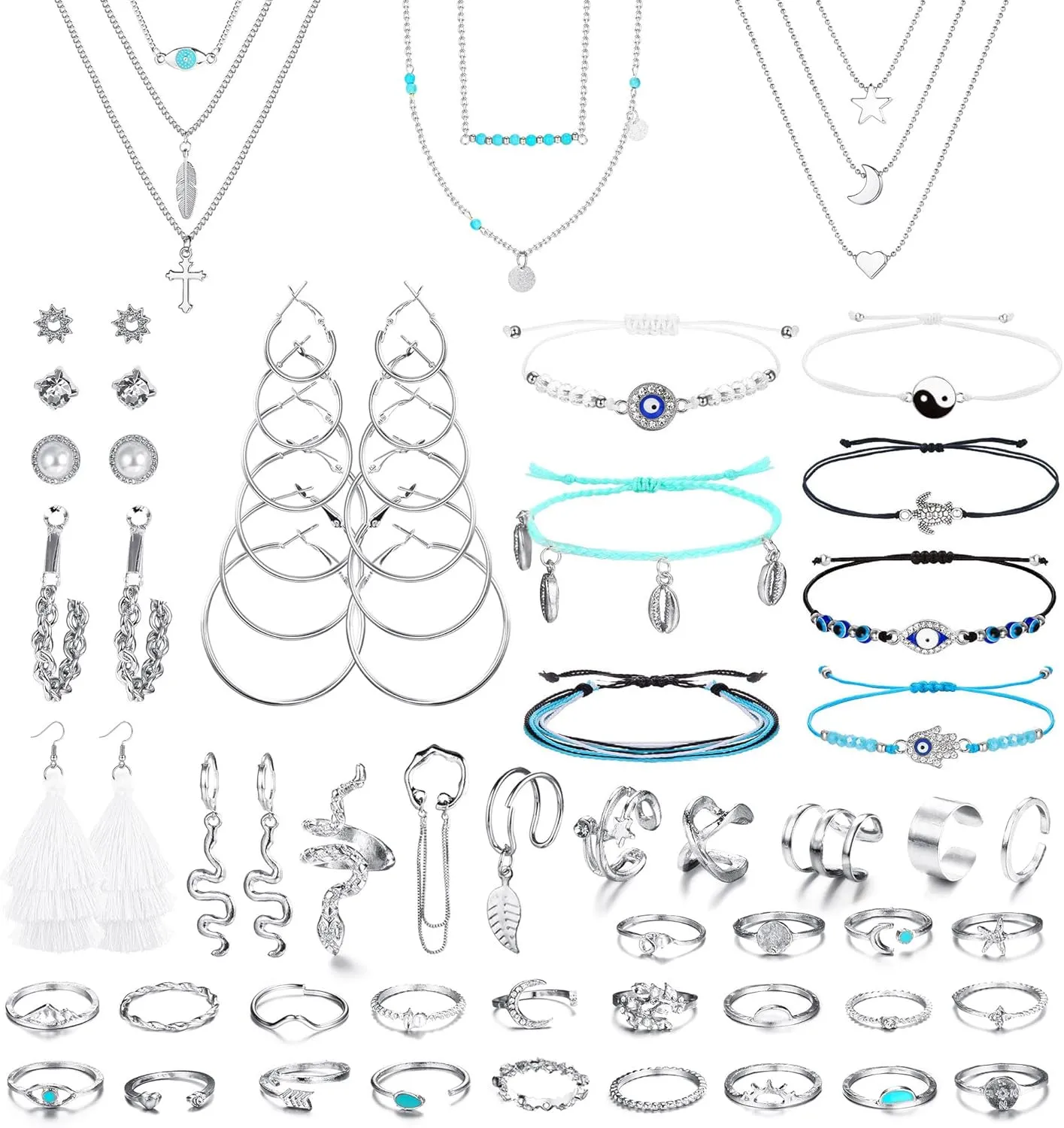 ORAZIO 52 Pcs Jewelry Set for Women: Layered Necklace, Braided Bracelets, Dangle Stud Hoop Earrings, CZ Stackable Knuckle Ring, Fashion Ear Cuff Set in Silver & Gold