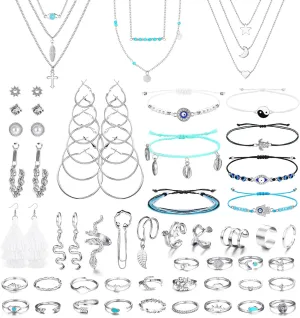 ORAZIO 52 Pcs Jewelry Set for Women: Layered Necklace, Braided Bracelets, Dangle Stud Hoop Earrings, CZ Stackable Knuckle Ring, Fashion Ear Cuff Set in Silver & Gold