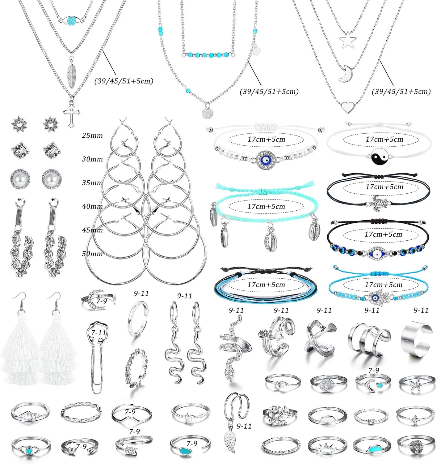 ORAZIO 52 Pcs Jewelry Set for Women: Layered Necklace, Braided Bracelets, Dangle Stud Hoop Earrings, CZ Stackable Knuckle Ring, Fashion Ear Cuff Set in Silver & Gold