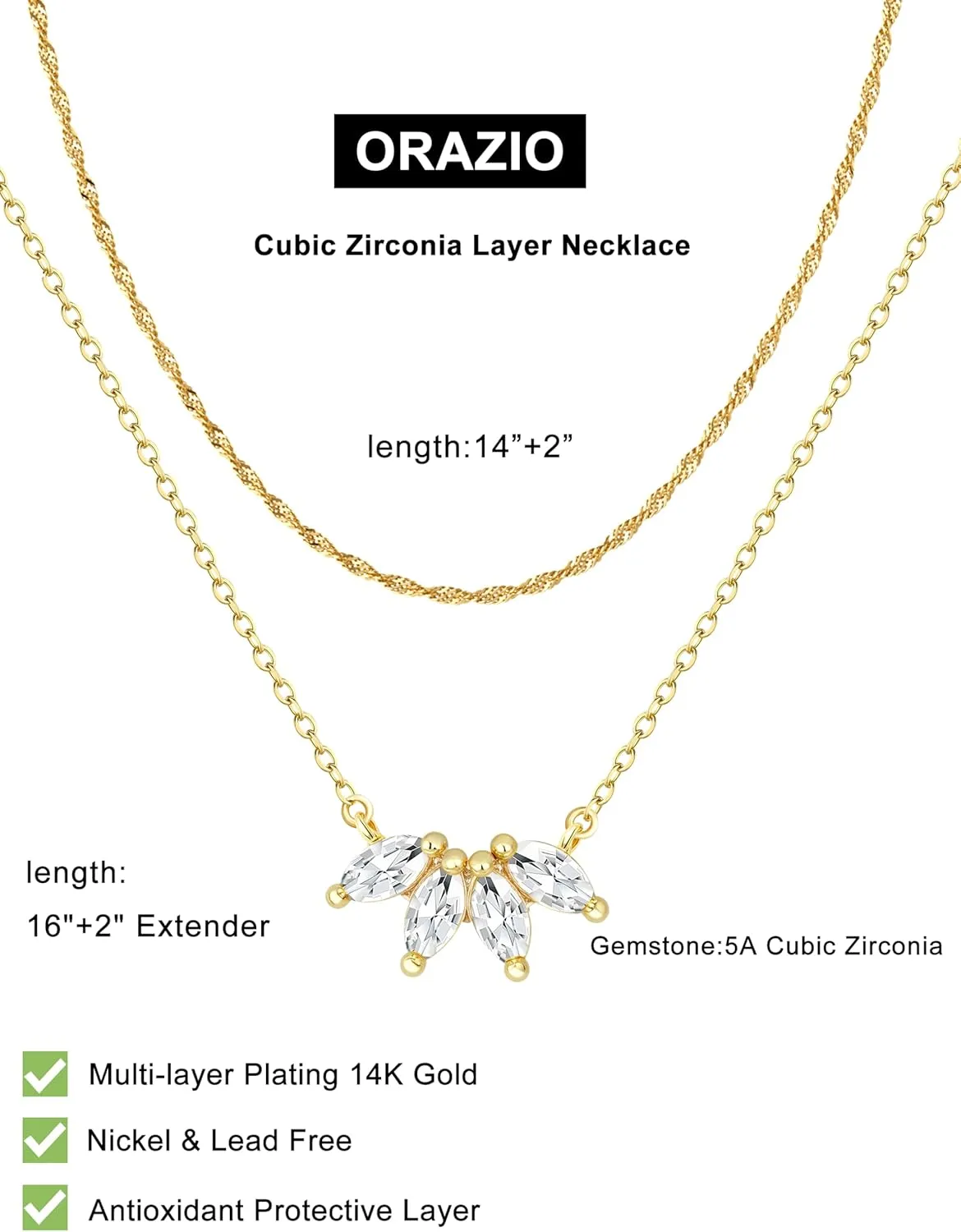 ORAZIO Layered Gold Necklaces for Women Non Tarnish, Dainty 14K Gold Plated Cubic Zirconia Necklace Stack Layering Chain Necklaces Stackable Cute CZ Pendant Choker Necklace for Women