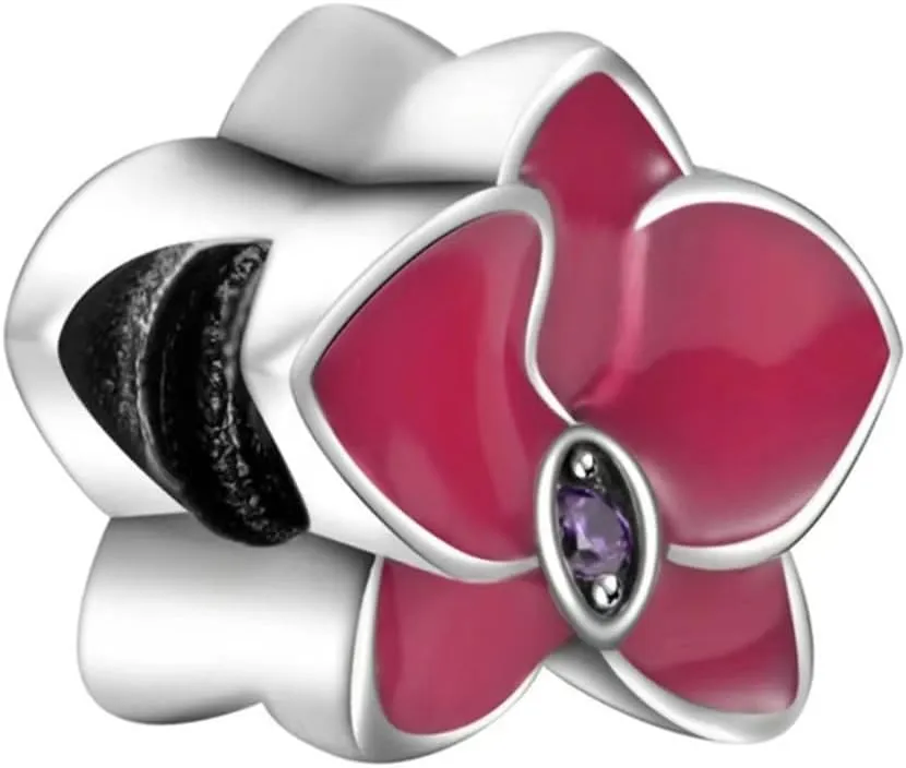 Orchid with Cz Stone and Enamel Charm 925 Sterling Silver Flower Charm Lucky Charm for DIY Charms Bracelet