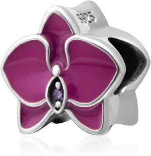 Orchid with Cz Stone and Enamel Charm 925 Sterling Silver Flower Charm Lucky Charm for DIY Charms Bracelet